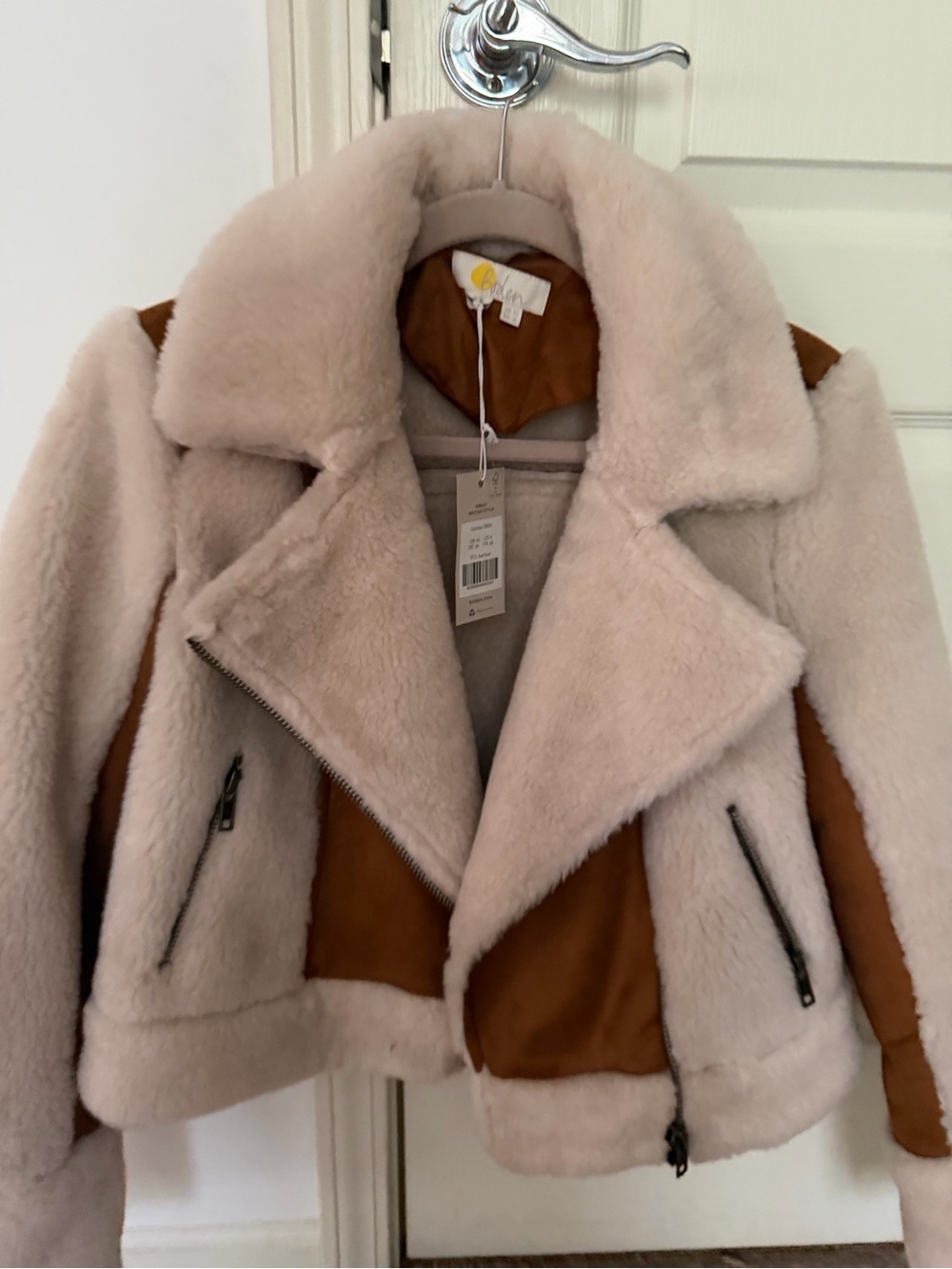 Boden Faux Shearling Moto Jacket in Blush Pink and Brown Suede Panels